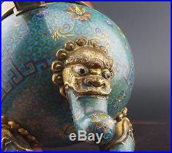 SUPERB Antique Chinese Cloisonné Tripod Incense Burner Censer Dragon Cover 19thC