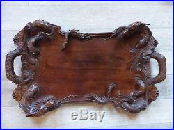 SUPERB LARGE ANTIQUE CHINESE VERY DEEPLY CARVED TRAY with DRAGONS