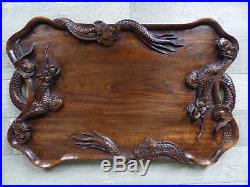 SUPERB LARGE ANTIQUE CHINESE WOOD CARVED SERVING TRAY w. DRAGONS
