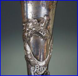 SUPERB! Pair 19th C Chinese Solid Sterling Silver Dragon Vase QING Hong Kong