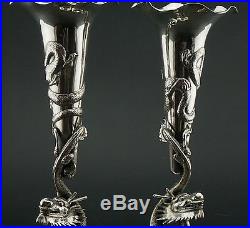 SUPERB Pair Antique 19th C Chinese HongKong Solid Silver Dragon Cup Vase WOSHING