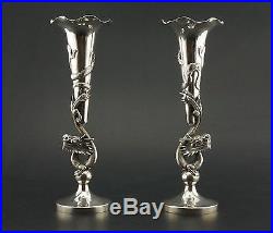 SUPERB Pair Antique 19th C Chinese HongKong Solid Silver Dragon Cup Vase WOSHING
