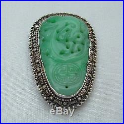 Superb Rare Antique Chinese Intricately Carved Jade Dragon & Silver Dress Clip