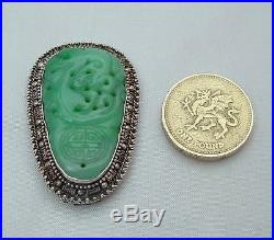 Superb Rare Antique Chinese Intricately Carved Jade Dragon & Silver Dress Clip
