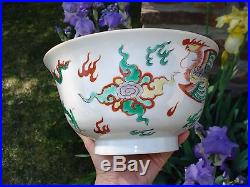 Signed 19.5 cm Antique Chinese Porcelain Dragon Bowl Hand Painted Famille Verte