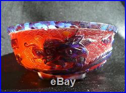 Signed Antique Chinese Carved Peking Glass Bowl Vibrant Red Glass with Dragon