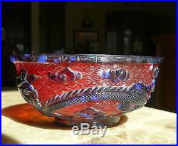 Signed Antique Chinese Carved Peking Glass Bowl Vibrant Red Glass with Dragon