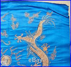 Silk 22 Antique Chinese Embroidery Blue Fabric Panel with 2 Gold Thread DRAGONS