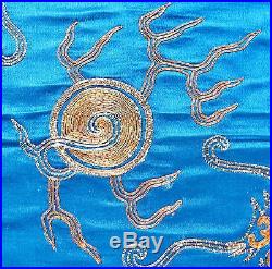 Silk 22 Antique Chinese Embroidery Blue Fabric Panel with 2 Gold Thread DRAGONS