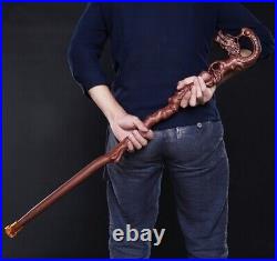 Solid Chinese Rosewood Walking Stick Cane Wooden Dragon Carved Handle Gift