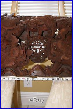 Spectacular Chinese Antique Wood carved Relief ZheJiang Fu Dog Camphor Dragon