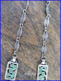 Sterling Antique Chinese mined jadeite jade green enamel Dragons jade necklace