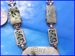 Sterling Antique Chinese mined jadeite jade green enamel Dragons jade necklace