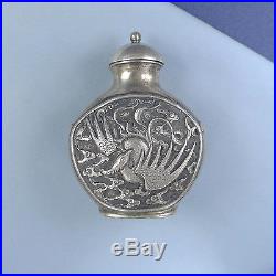 Sterling Silver Chinese Snuff Bottle / Antique Dragon Phoenix Tobacco Box