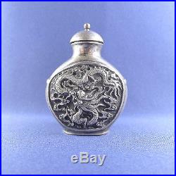 Sterling Silver Chinese Snuff Bottle / Antique Dragon Phoenix Tobacco Box