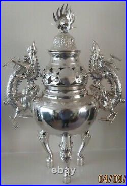 Stunning Antique Chinese Export Silver Dragon Incense Burner