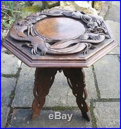 Stunning Antique Chinese Folding Wooden Table With Stunning Dragon Top
