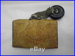 Stunning Antique Chinese Leather Purse with Brass Dragon Embossed Eagle