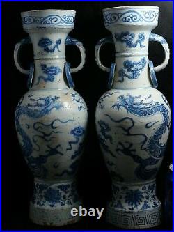 Stunning Chinese Blue & White Yuan Ming Style Pr Of Dragon Vases Very Rare L@@k
