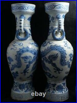 Stunning Chinese Blue & White Yuan Ming Style Pr Of Dragon Vases Very Rare L@@k