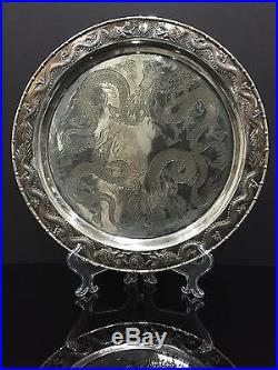 Stunning Large Antique Chinese Silver Dragon Plate! 33.8CM! 1111 GRAMS
