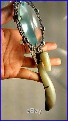 Stunning antique vintage Chinese export silver gilt carved jade dragon magnifier