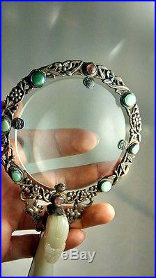 Stunning antique vintage Chinese export silver gilt carved jade dragon magnifier