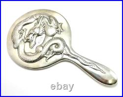 Substantial Antique 90 Silver Chinese Dragon Hand Mirror, Retailed @ Wang Hing