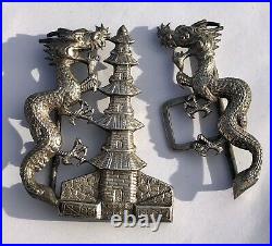 Superb Antique Wing Fat Chinese Silver Dragon & Pagoda Belt Buckle