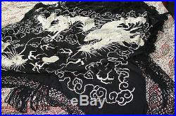 Superb Huge Antique Hand Embroidered Chinese Dragon & Pearl on Black Silk Shawl