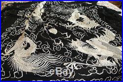 Superb Huge Antique Hand Embroidered Chinese Dragon & Pearl on Black Silk Shawl