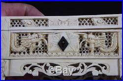 Superb Quality Antique Chinese 19th C Carved Bovine Bone Dragon Box