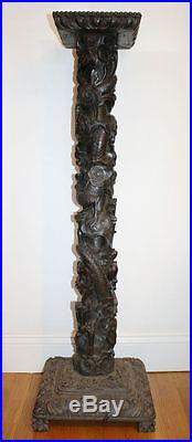 Tall Antique Chinese Carved Wood Pedestal. 2 Dragons & Carp Signed MAGNIFICIENT