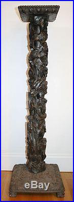 Tall Antique Chinese Carved Wood Pedestal. 2 Dragons & Carp Signed MAGNIFICIENT