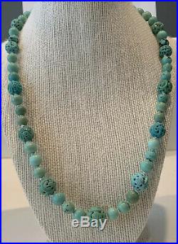 Turquoise Carved Dragon Bead Necklace Vintage Tibet Chinese Jewelry Lot
