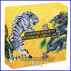 Tuvalu 2016 Ancient Chinese Mythical Creatures Dragon Tiger $2 Oz Silver Antique