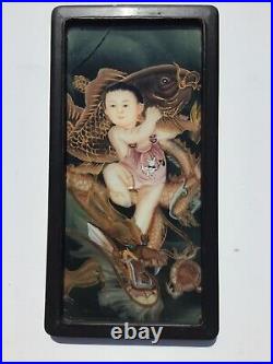 Two Antique Reverse Painted Chinese Childern Riding Dragons