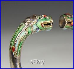 UNUSUAL ANTIQUE CHINESE ENAMELED SILVER BRACELET WITH DRAGON HEADS MARKED