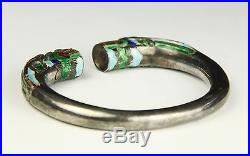 UNUSUAL ANTIQUE CHINESE ENAMELED SILVER BRACELET WITH DRAGON HEADS MARKED
