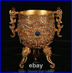 Unique Old Chinese Purple Bronze Gold Dragon Loong Elephant Animal Cup Statue