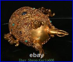Unique Old Chinese Purple Bronze Gold Dragon Loong Elephant Animal Cup Statue
