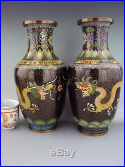 V-Fine Pair Cloisonne Dragon Vases Chinese Antiques