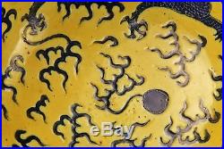 Very Fine Antique Chinese Porcelain Bowl Blue And Yellow Dragons W Mark