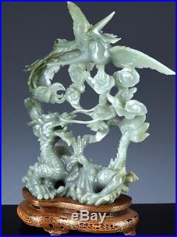 Very Fine Chinese Carved Celadon Jade Phoenix Dragon Figure Silver Inlaid Stand