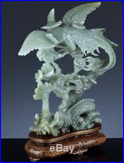Very Fine Chinese Carved Celadon Jade Phoenix Dragon Figure Silver Inlaid Stand