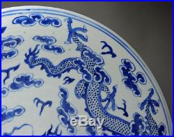 Very Fine & Large 19c Antique Chinese Blue & White Dragon Dish, 29.8 Cm, N/r