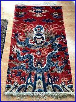 VERY RARE Silk Antique Estate Chinese Red 5-Claw Imperial Dragon Carpet Rug