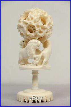 VINTAGE CARVED DRAGON CHINESE PUZZLE BALL LARGE With STAND & BOX BOVINE BONE RESIN