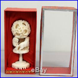 VINTAGE CARVED DRAGON CHINESE PUZZLE BALL LARGE With STAND & BOX BOVINE BONE RESIN