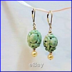 VINTAGE CHINESE 14kt GOLD JADE MOSS IN SNOW PEARL SHOU DRAGON EARRINGS